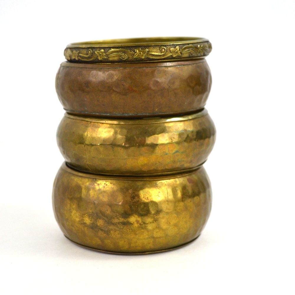 Vintage 4 Oxidized Hammered Brass Bracelets